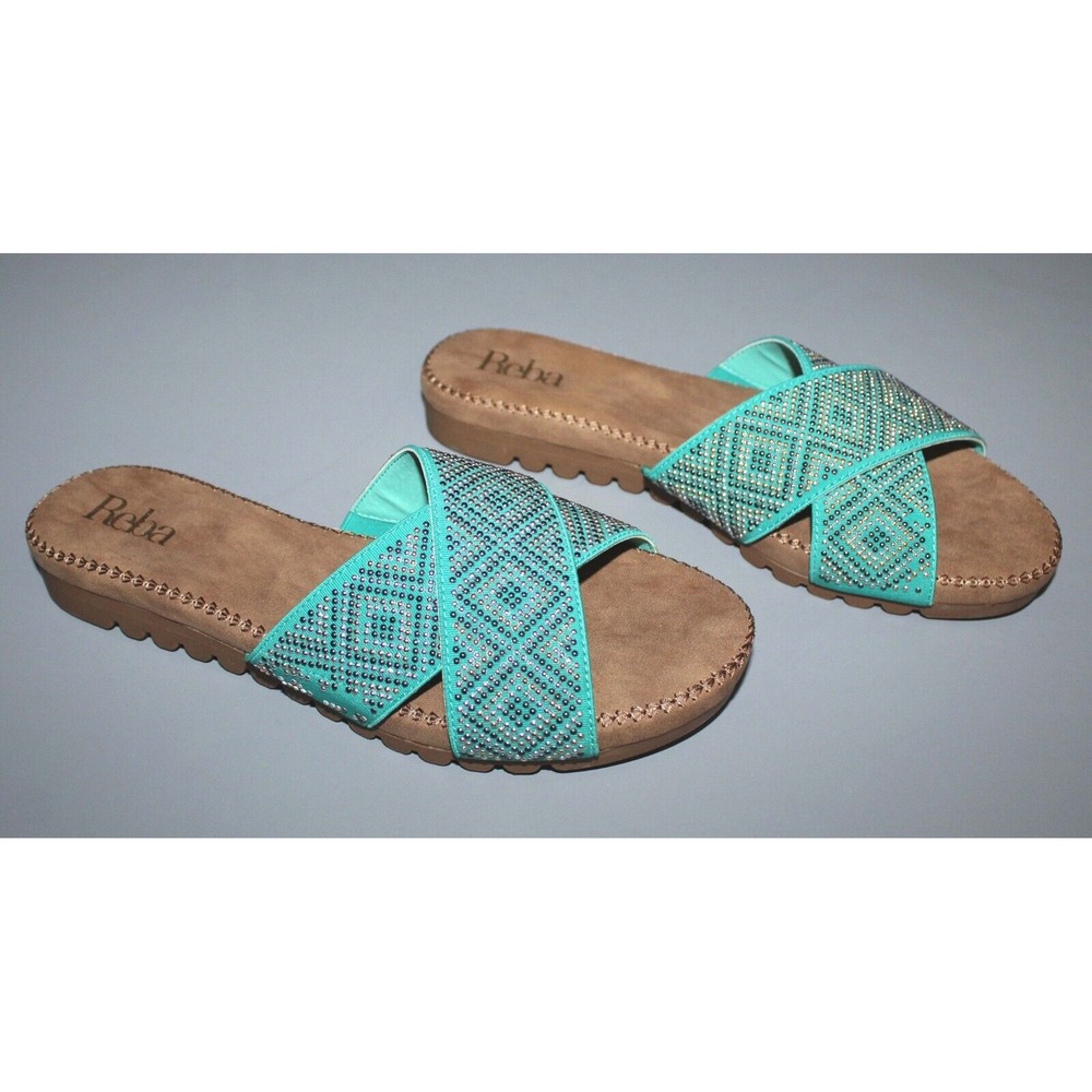 Reba Nell Turquoise Cross Band Beaded Slide Sandals Womens Size 6.5 M New in Box